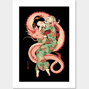 Japanese Girl With Dragon and Cats 2 T-Shirt 05 Posters and Art